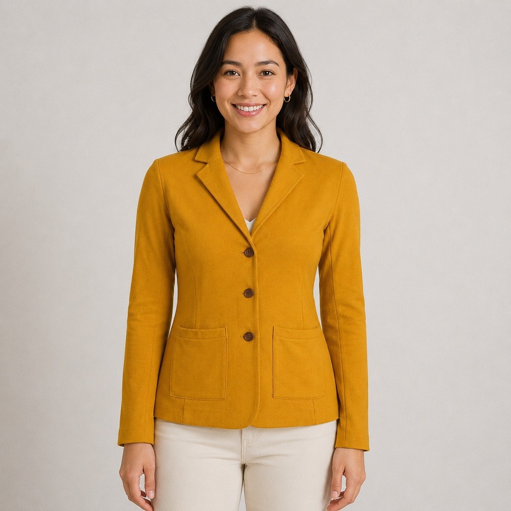 Tahari Women's XS Mustard Yellow Stretch Knit Blazer Patch Pockets